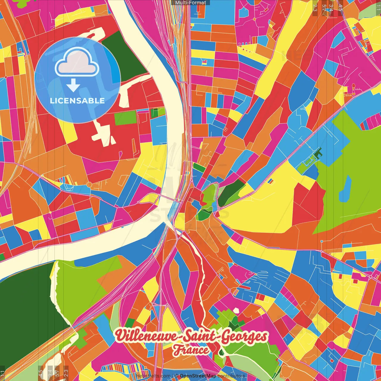 Villeneuve-Saint-Georges, Val-de-Marne, France Crazy Colorful Street Map Poster Template