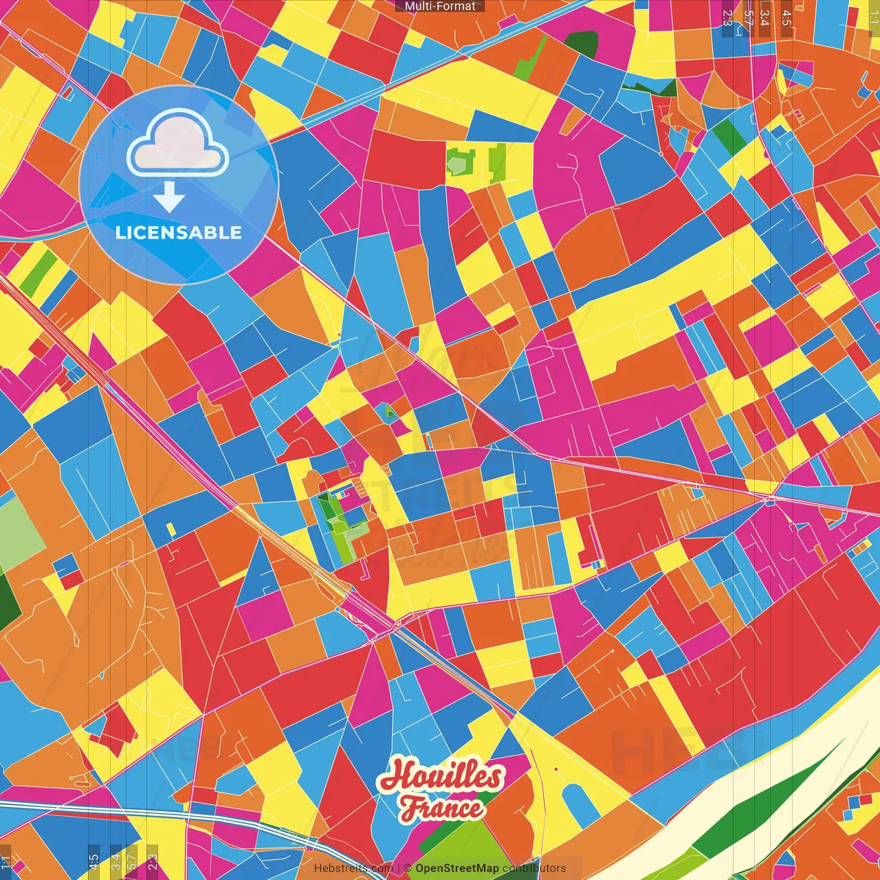 Houilles, Yvelines, France Crazy Colorful Street Map Poster Template