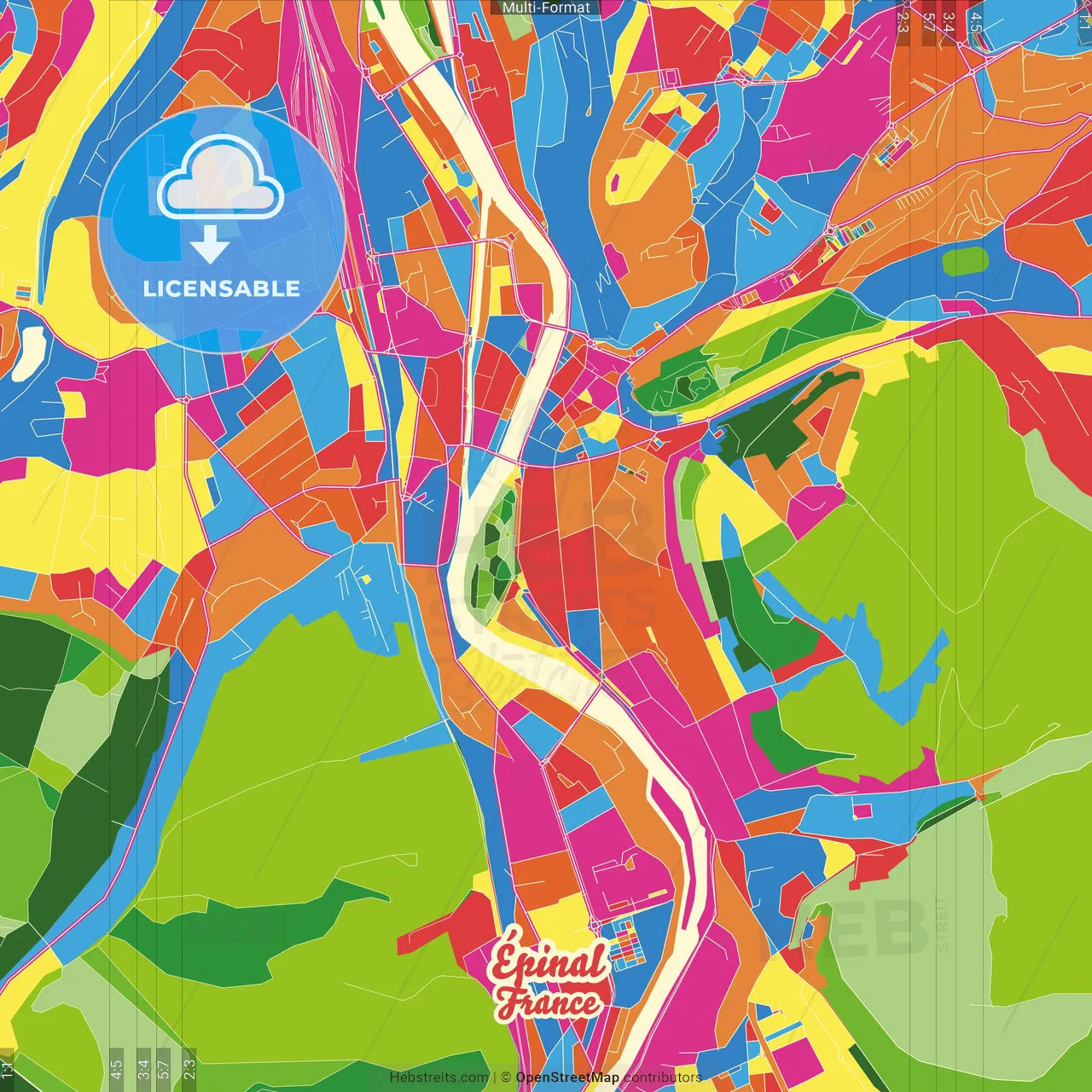 Épinal, Vosges, France Crazy Colorful Street Map Poster Template
