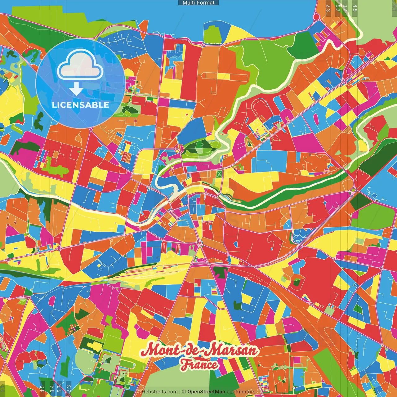 Mont-de-Marsan, Landes, France Crazy Colorful Street Map Poster Template
