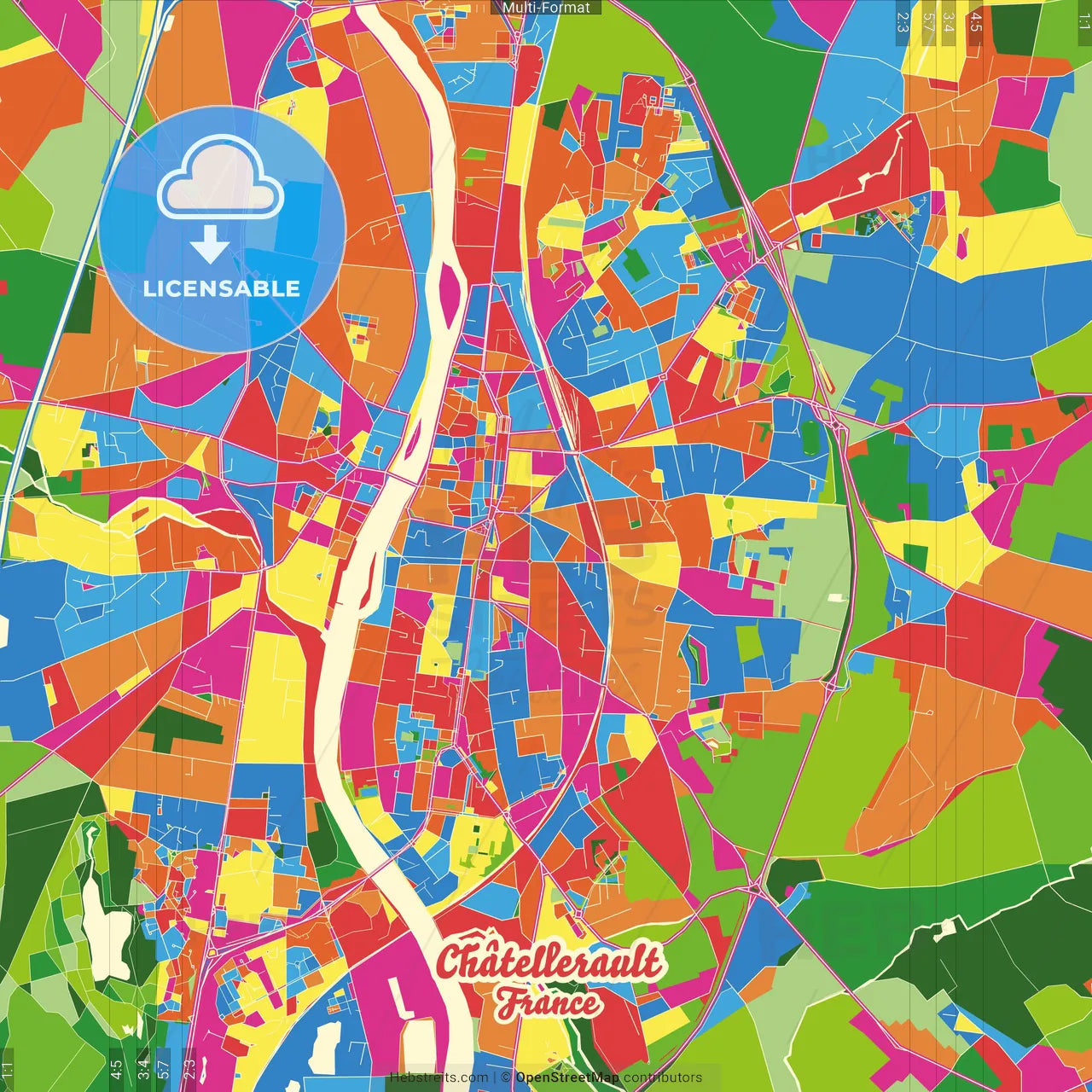 Châtellerault, Vienne, France Crazy Colorful Street Map Poster Template