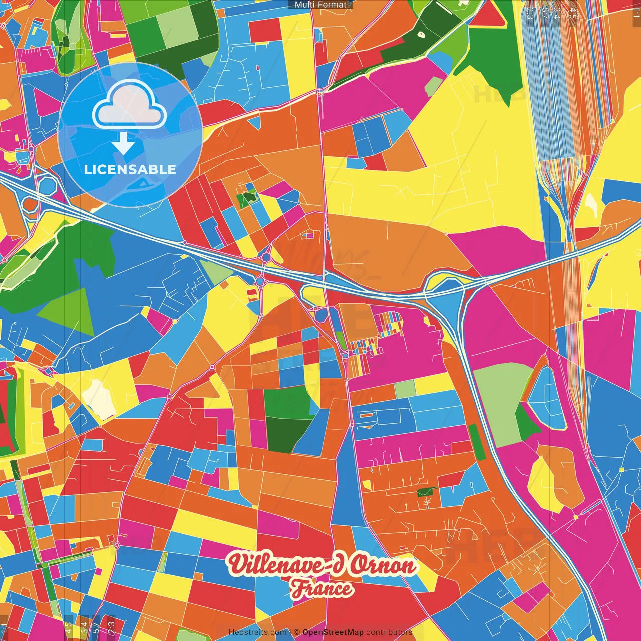 Villenave-d Ornon, Gironde, France Crazy Colorful Street Map Poster Template