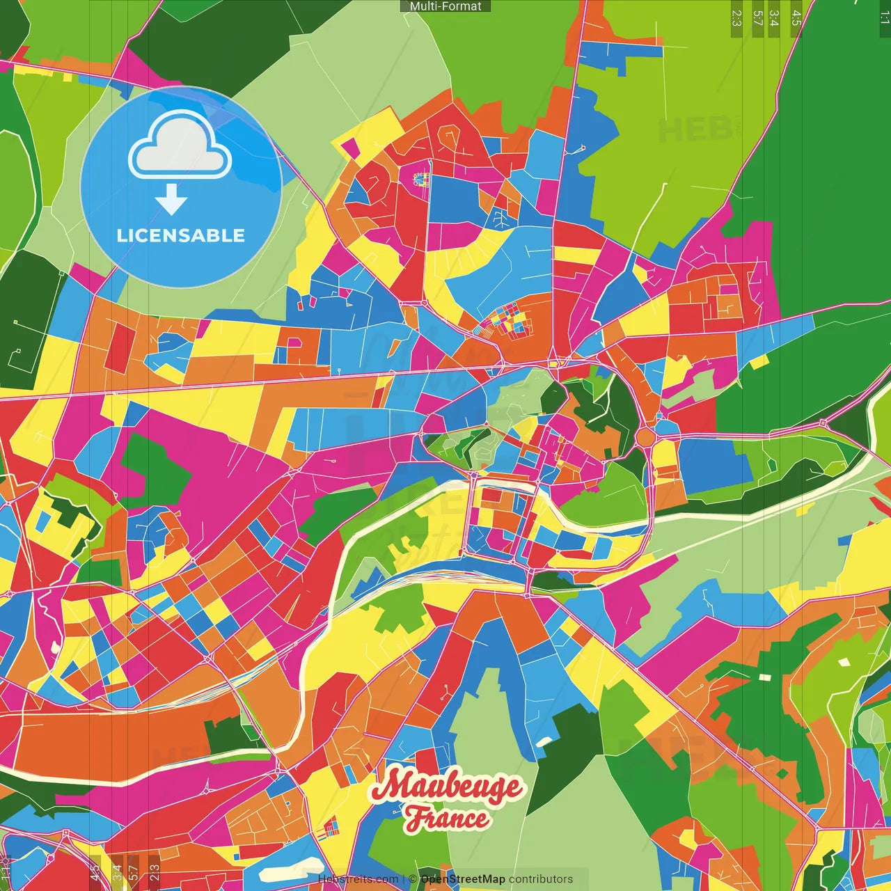Maubeuge, Nord, France Crazy Colorful Street Map Poster Template