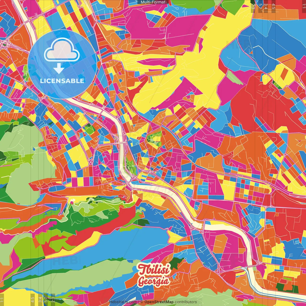 Tbilisi, Tbilisi, Georgia Crazy Colorful Street Map Poster Template