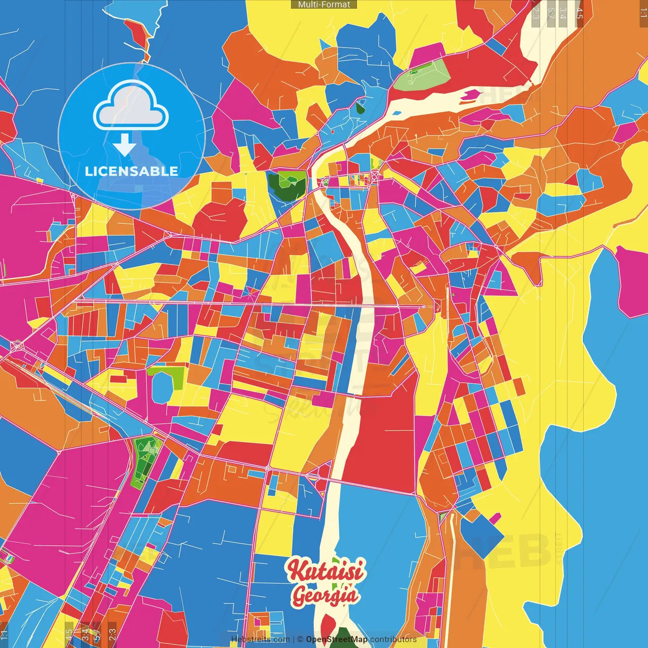 Kutaisi, Imereti, Georgia Crazy Colorful Street Map Poster Template