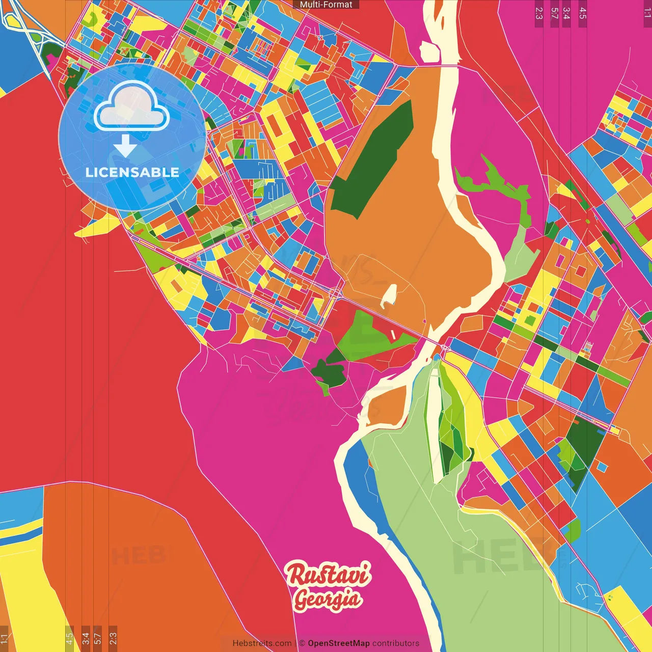 Rustavi, Kvemo Kartli, Georgia Crazy Colorful Street Map Poster Template