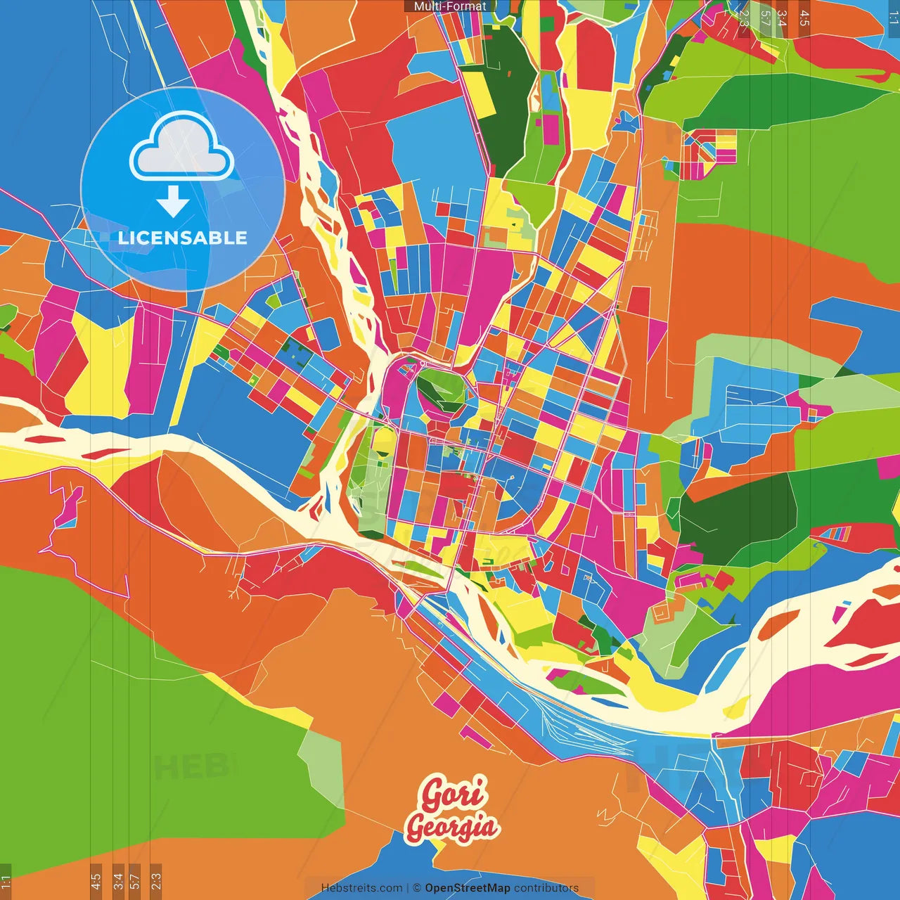 Gori, Shida Kartli, Georgia Crazy Colorful Street Map Poster Template
