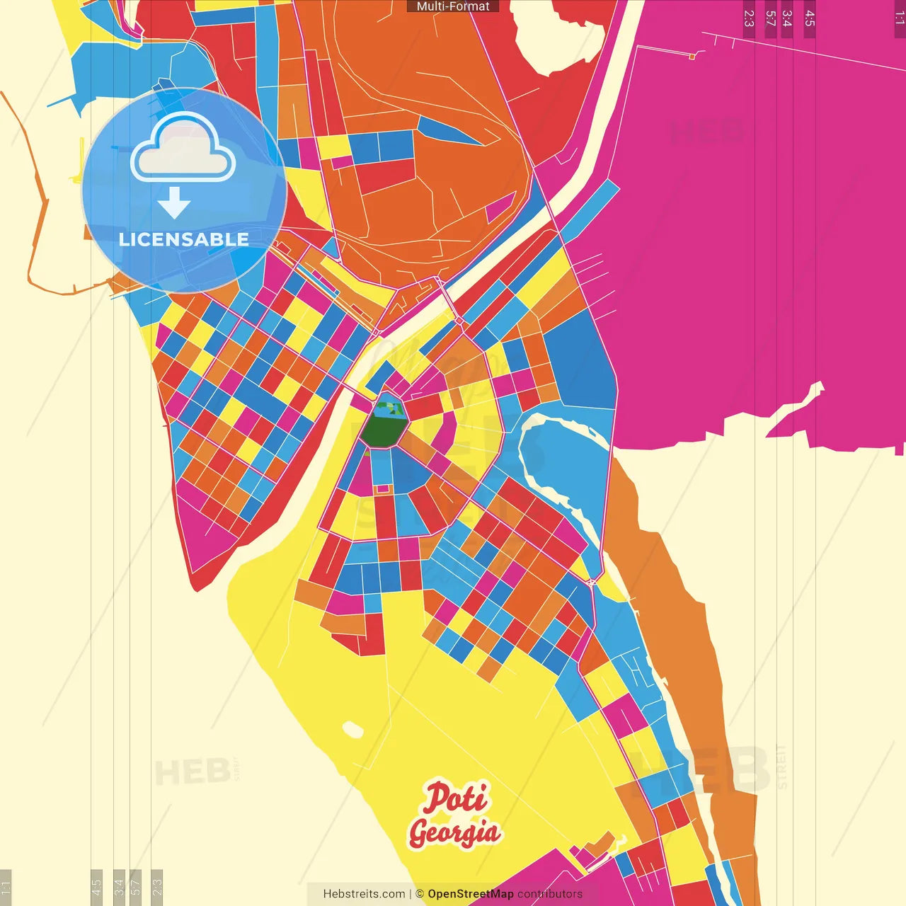Poti, Samegrelo-Zemo Svaneti, Georgia Crazy Colorful Street Map Poster Template