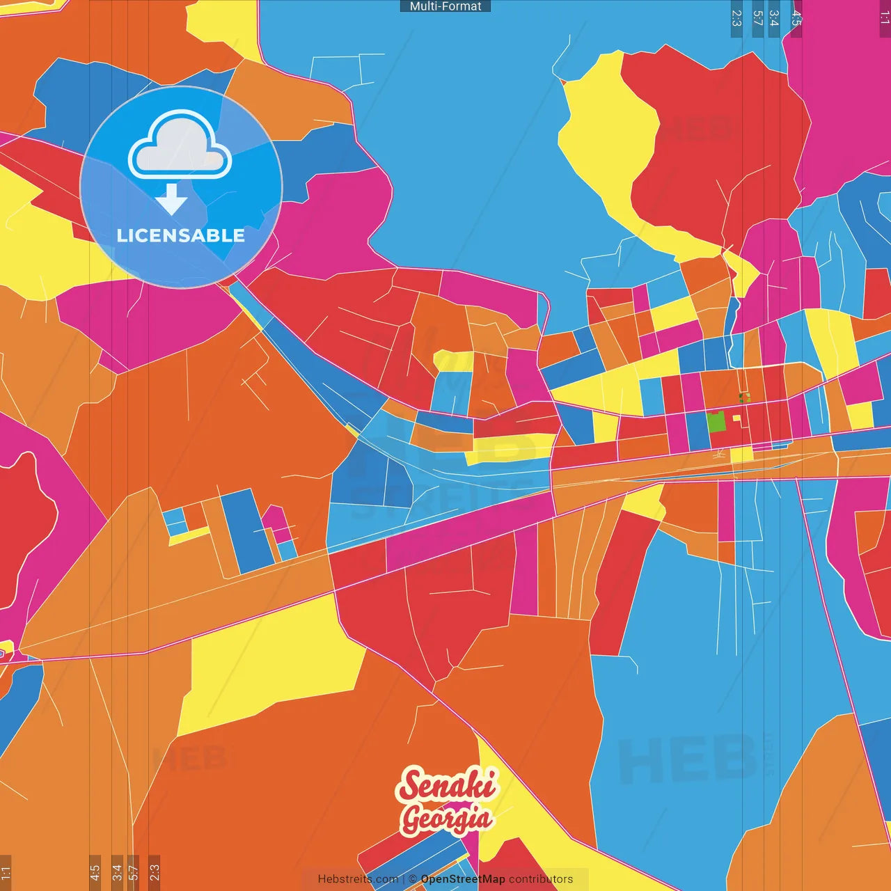 Senaki, Samegrelo-Zemo Svaneti, Georgia Crazy Colorful Street Map Poster Template