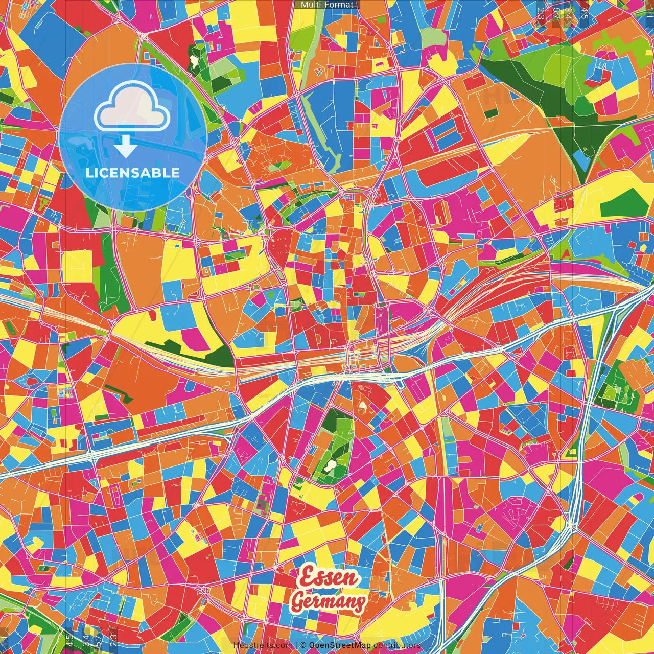 Essen, North Rhine-Westphalia, Germany Crazy Colorful Street Map Poster Template