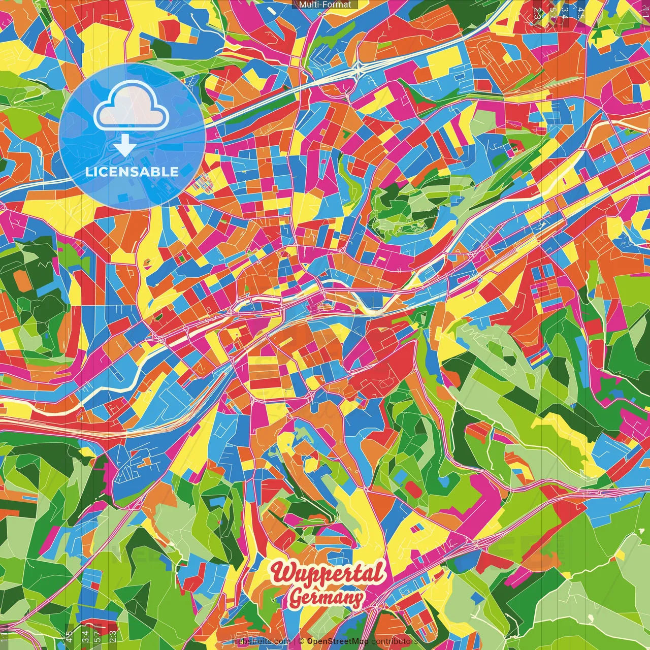 Wuppertal, North Rhine-Westphalia, Germany Crazy Colorful Street Map Poster Template