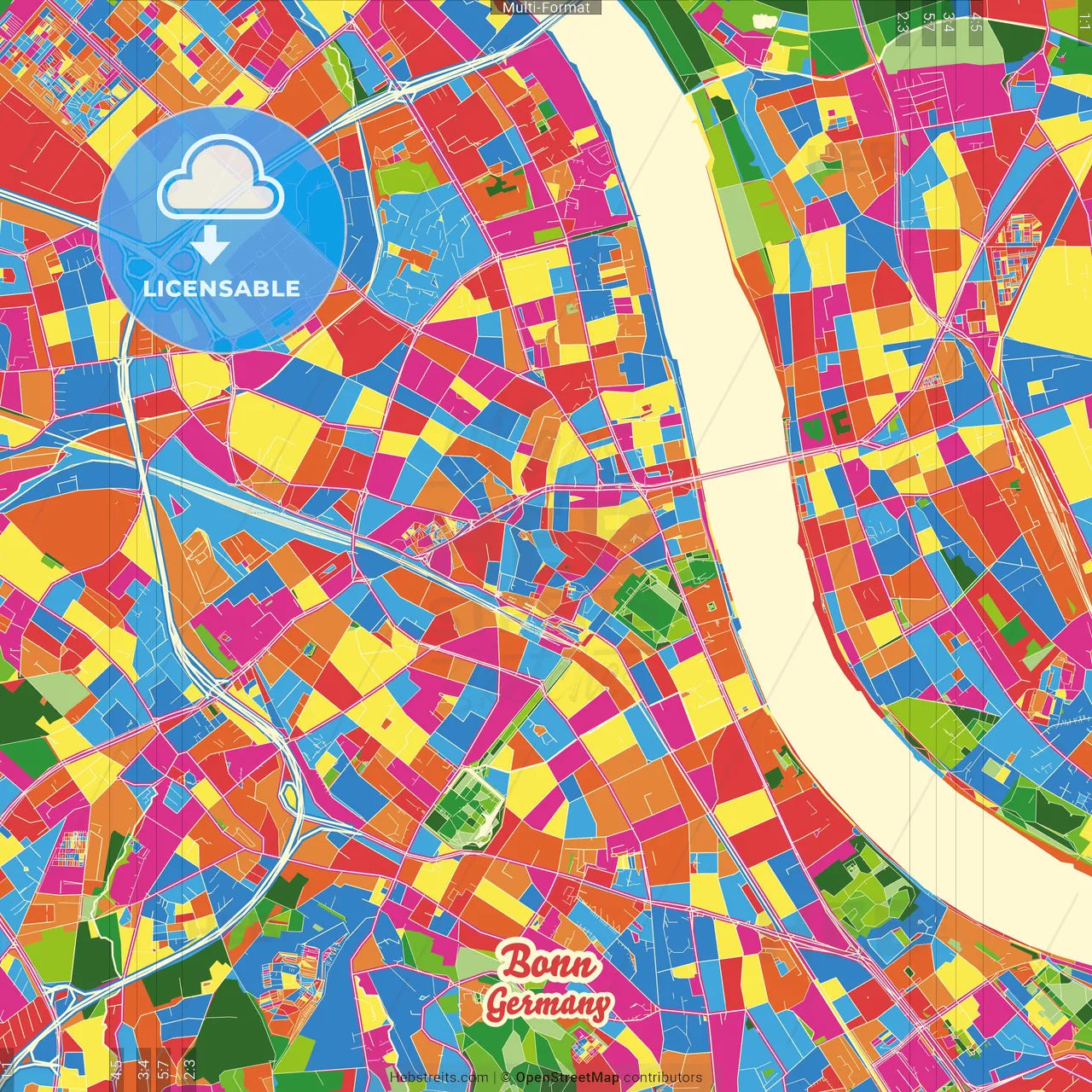 Bonn, North Rhine-Westphalia, Germany Crazy Colorful Street Map Poster Template