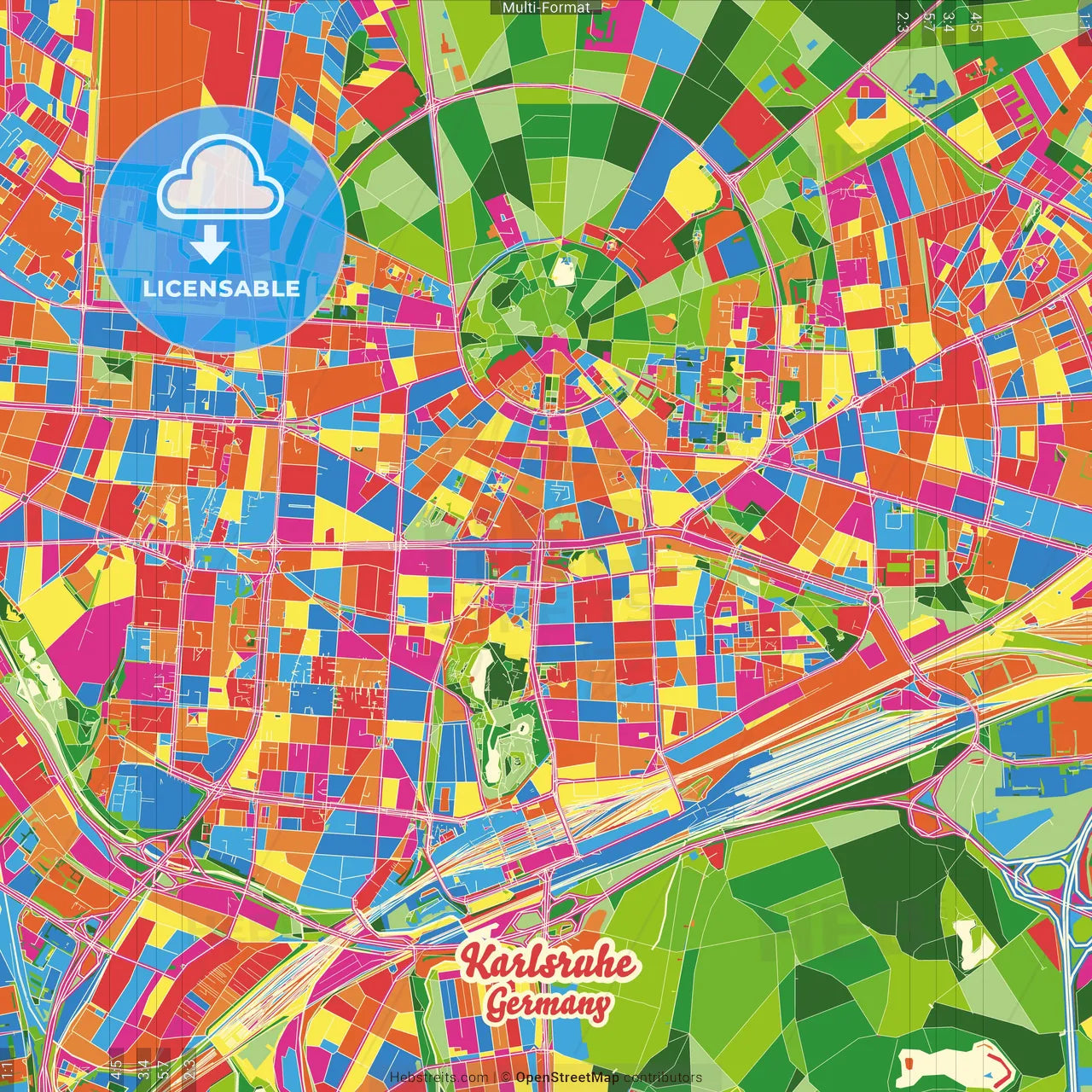 Karlsruhe, Baden-Wuerttemberg, Germany Crazy Colorful Street Map Poster Template