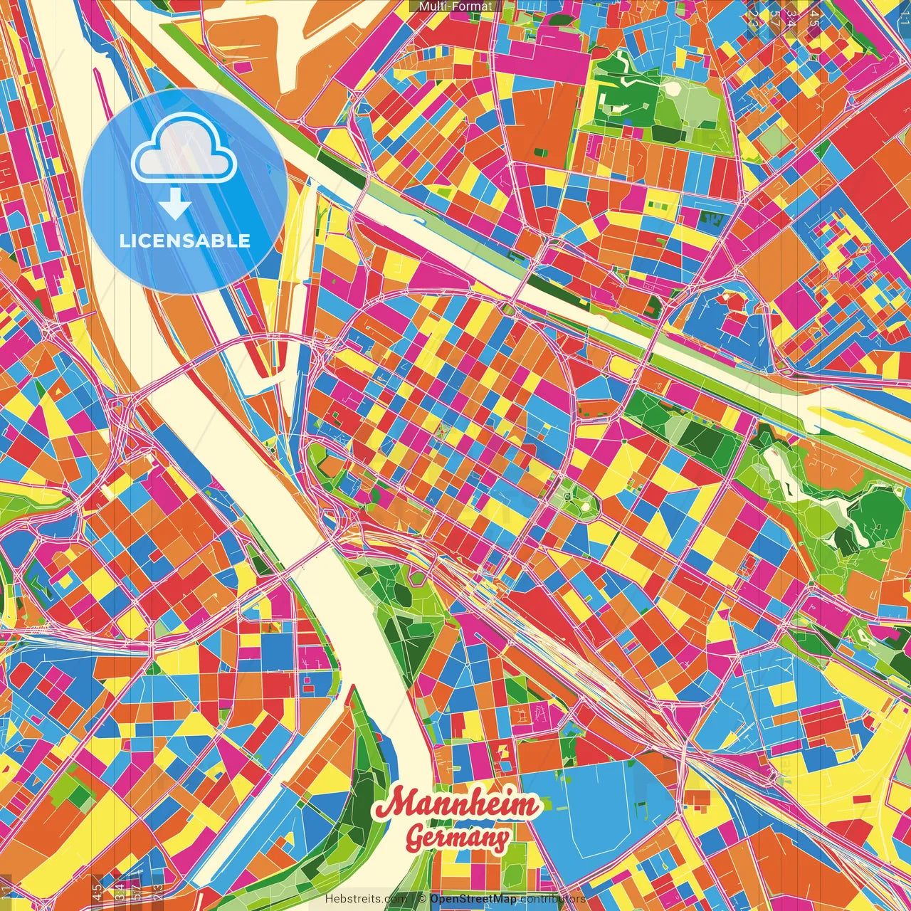 Mannheim, Baden-Wuerttemberg, Germany Crazy Colorful Street Map Poster Template