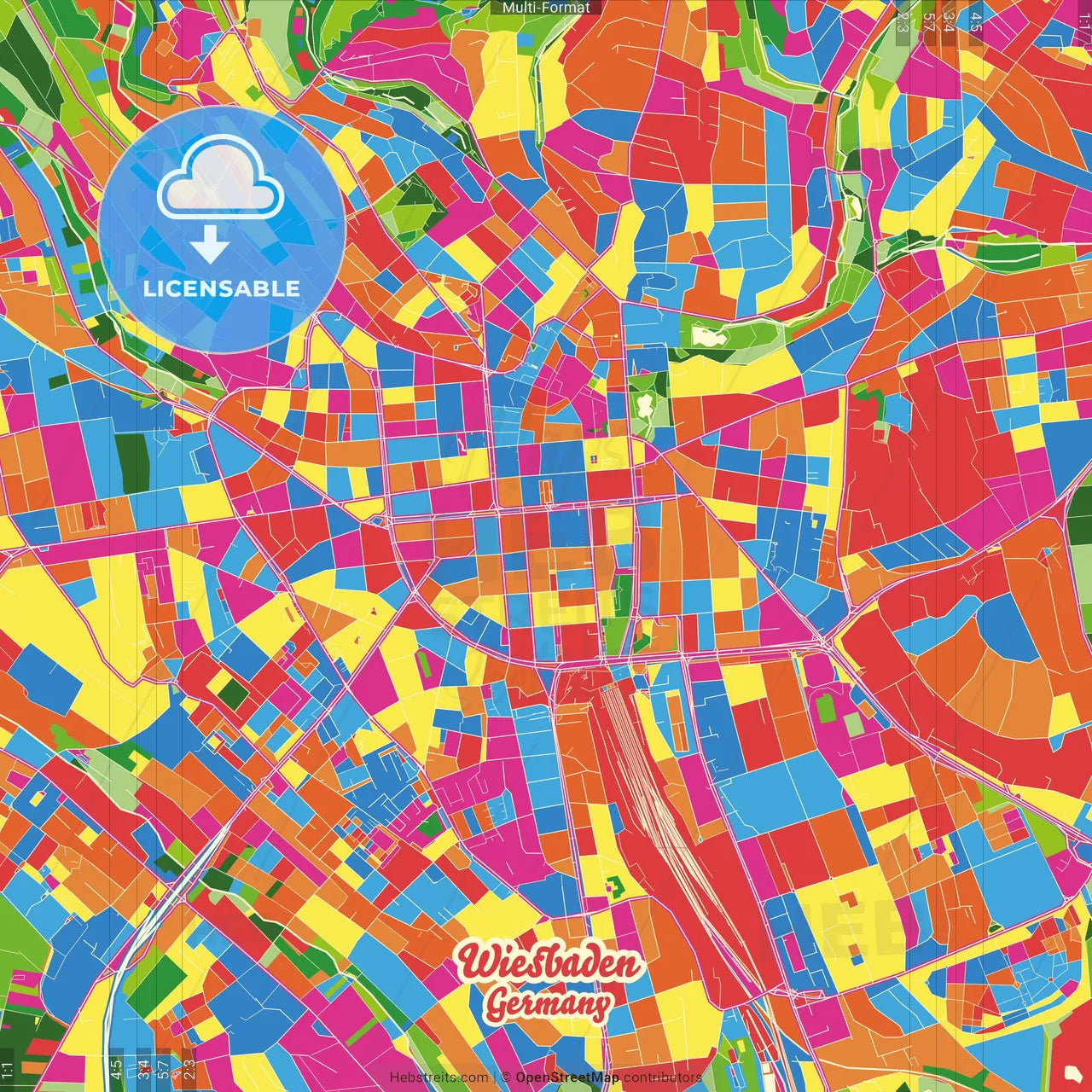 Wiesbaden, Hesse, Germany Crazy Colorful Street Map Poster Template