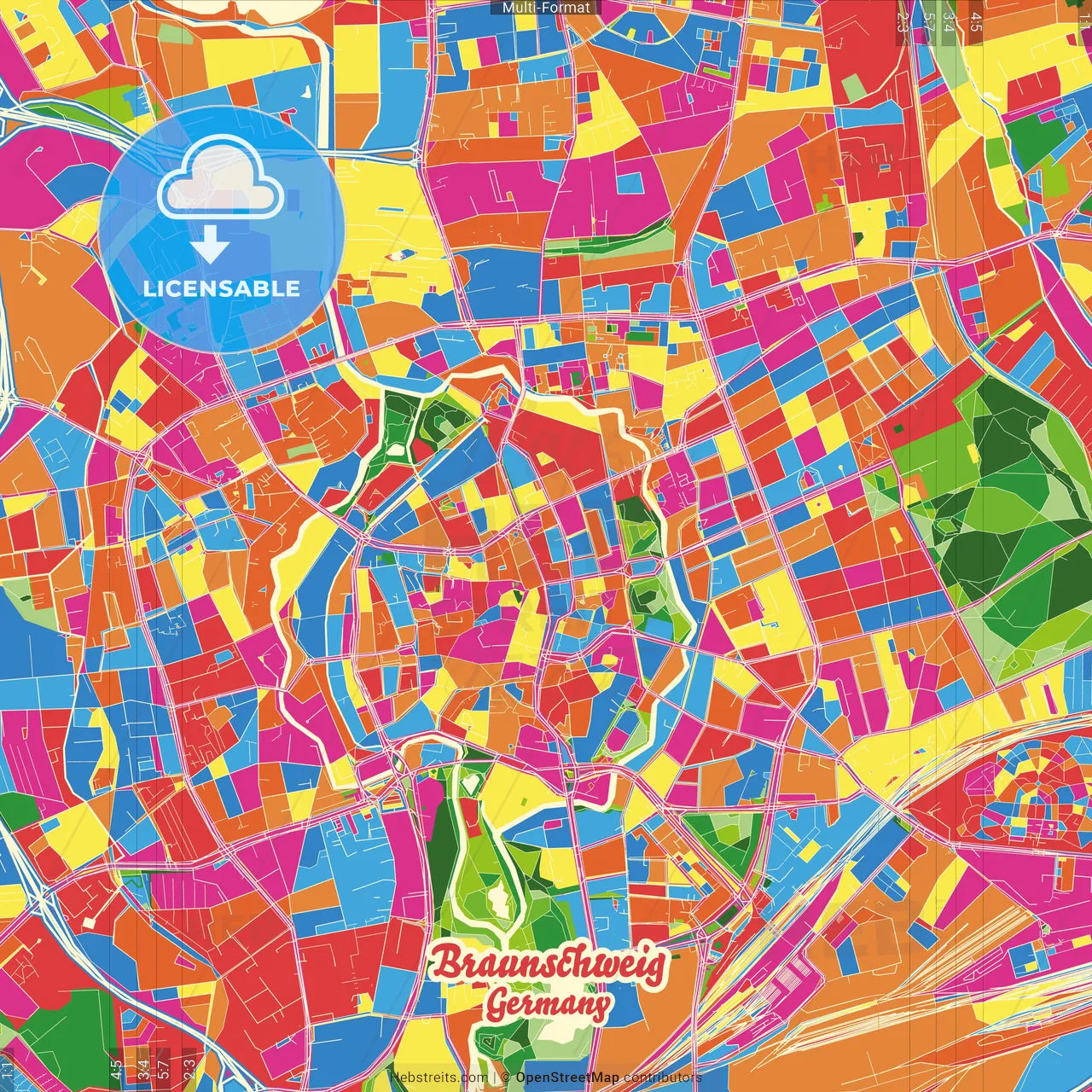 Braunschweig, Lower Saxony, Germany Crazy Colorful Street Map Poster Template