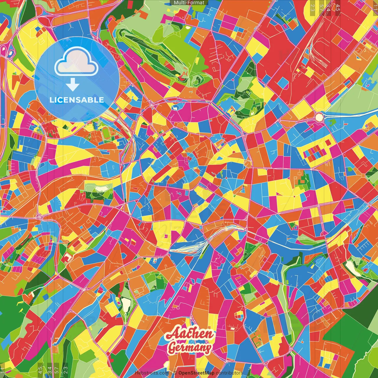 Aachen, North Rhine-Westphalia, Germany Crazy Colorful Street Map Poster Template