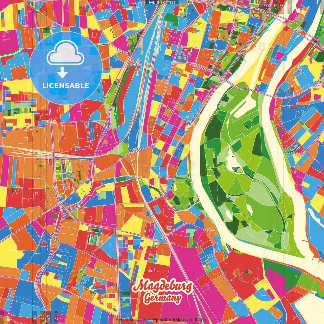 Magdeburg, Saxony-Anhalt, Germany Crazy Colorful Street Map Poster Template
