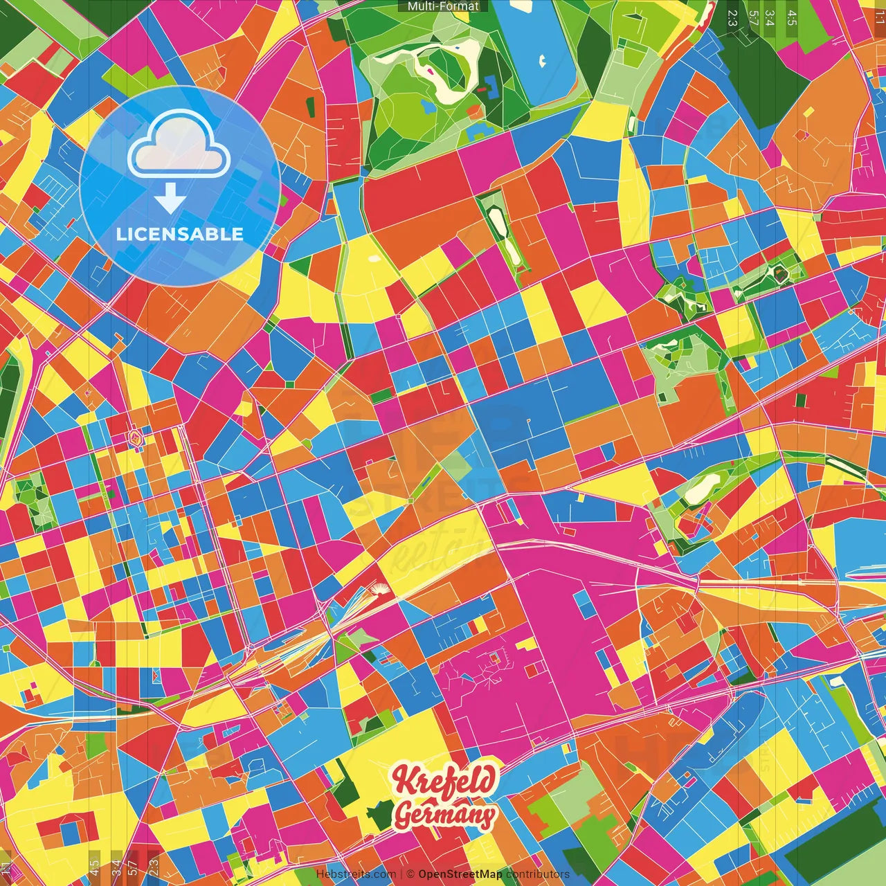 Krefeld, North Rhine-Westphalia, Germany Crazy Colorful Street Map Poster Template
