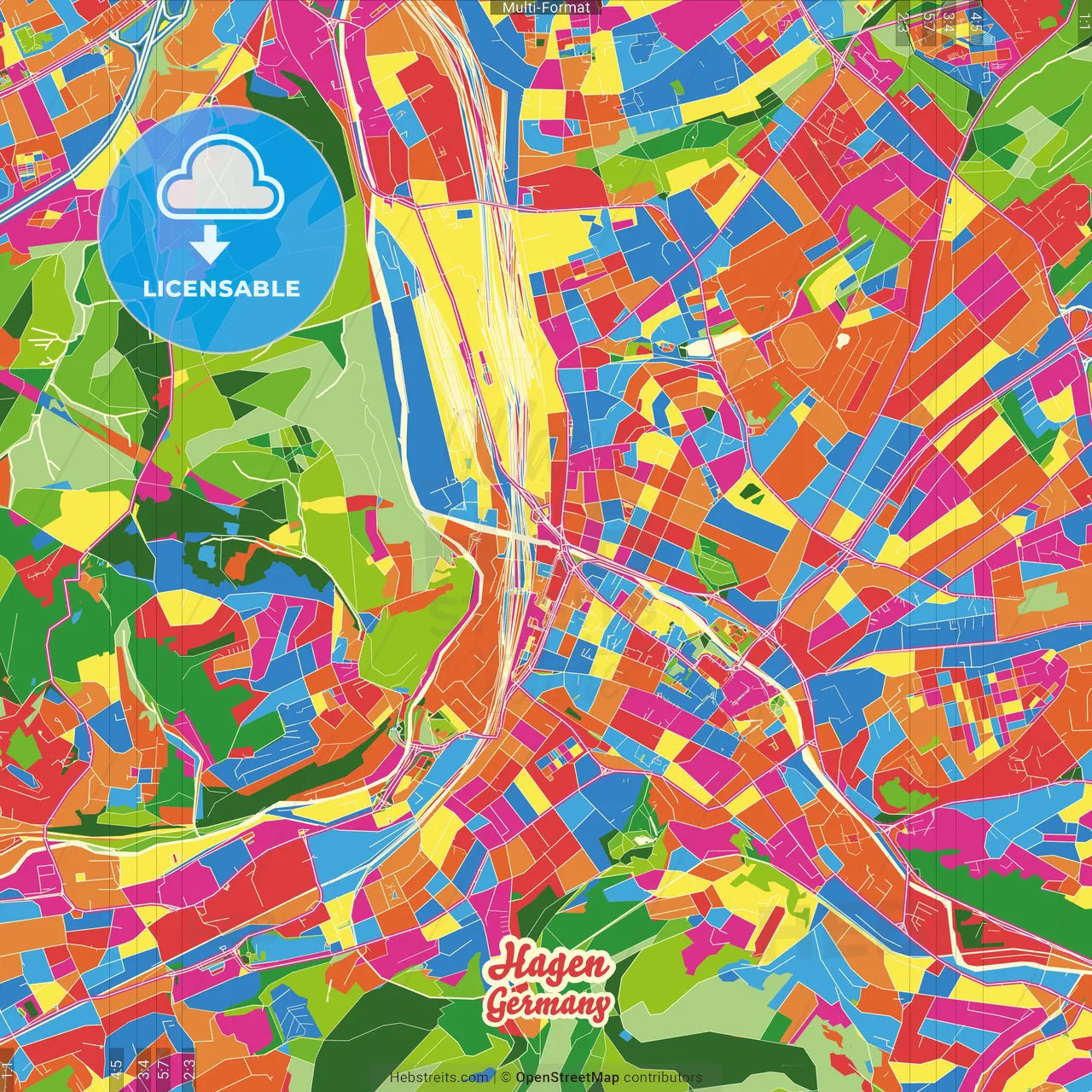 Hagen, North Rhine-Westphalia, Germany Crazy Colorful Street Map Poster Template