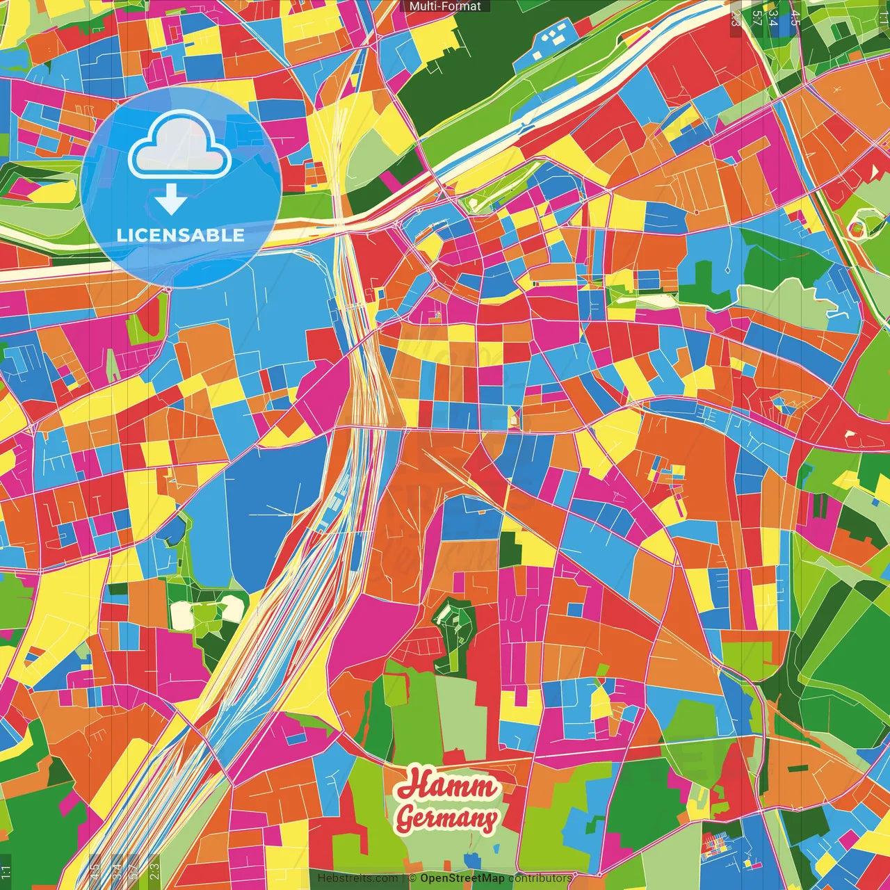 Hamm, North Rhine-Westphalia, Germany Crazy Colorful Street Map Poster Template