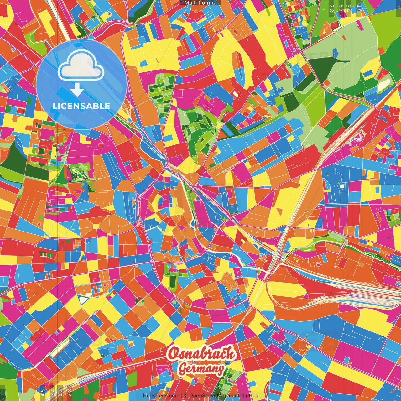 Osnabruck, Lower Saxony, Germany Crazy Colorful Street Map Poster Template