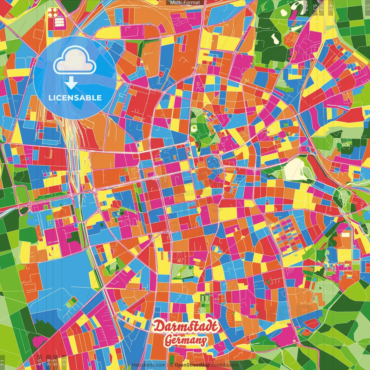 Darmstadt, Hesse, Germany Crazy Colorful Street Map Poster Template