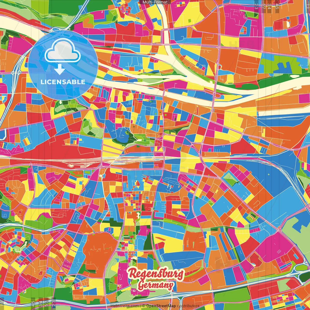 Regensburg, Bavaria, Germany Crazy Colorful Street Map Poster Template