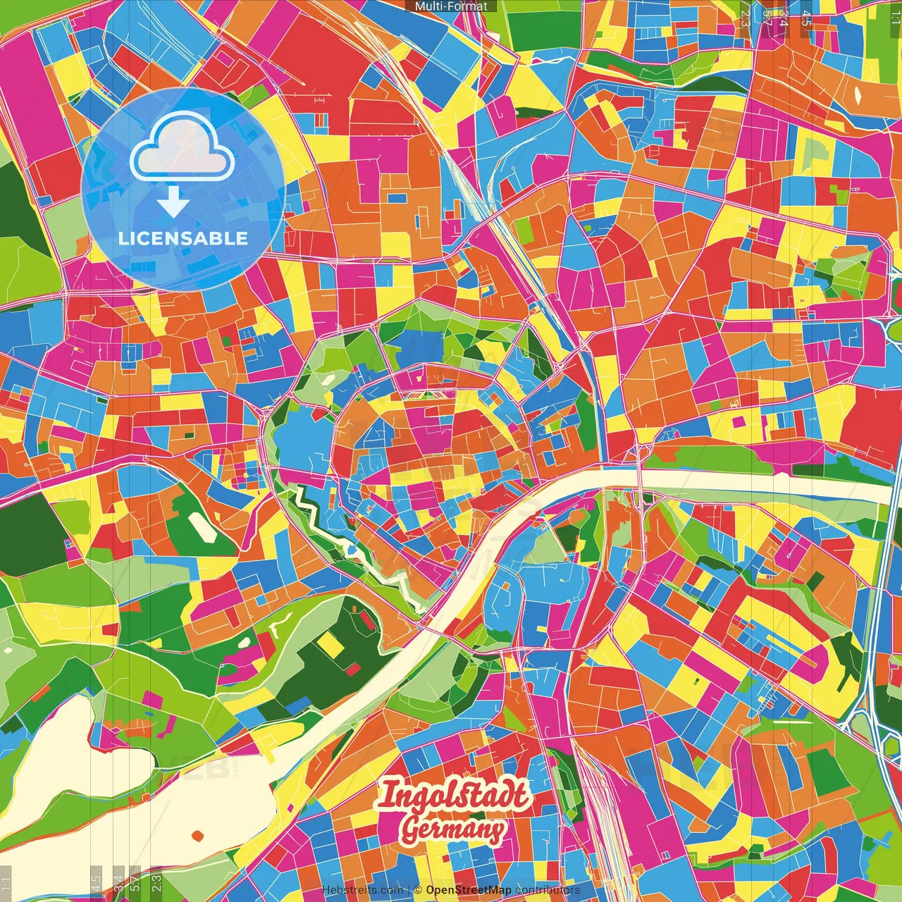 Ingolstadt, Bavaria, Germany Crazy Colorful Street Map Poster Template