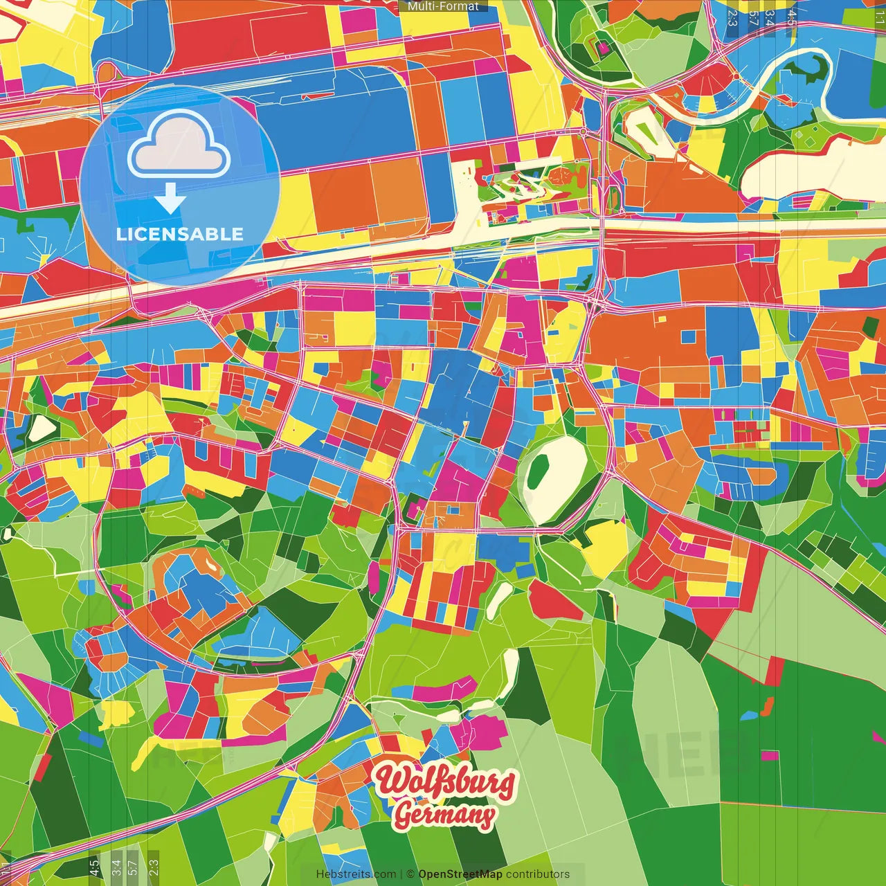 Wolfsburg, Lower Saxony, Germany Crazy Colorful Street Map Poster Template