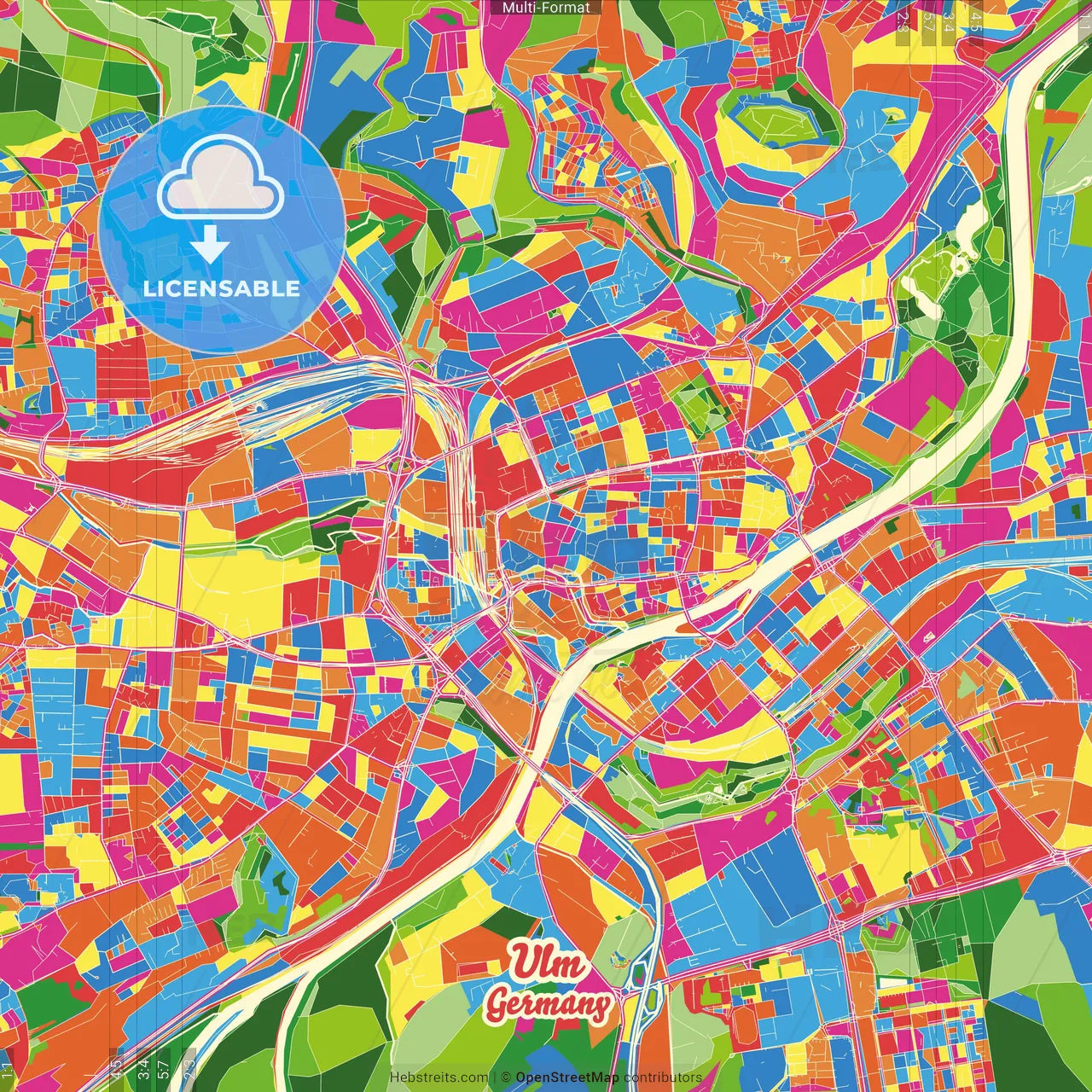 Ulm, Baden-Wuerttemberg, Germany Crazy Colorful Street Map Poster Template