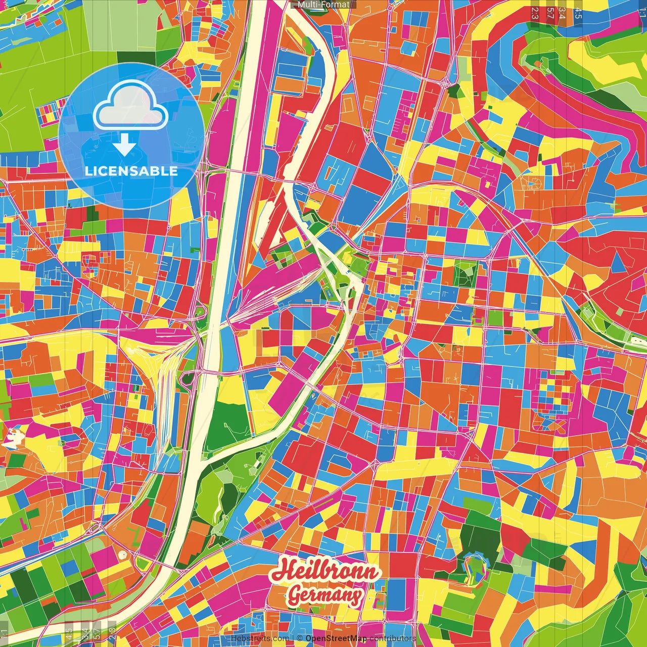 Heilbronn, Baden-Wuerttemberg, Germany Crazy Colorful Street Map Poster Template