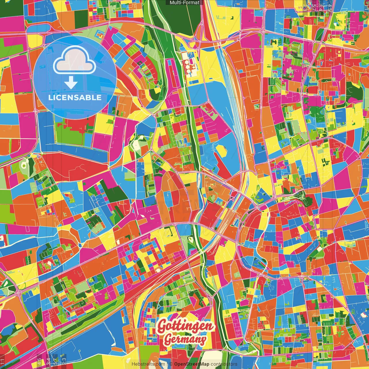 Gottingen, Lower Saxony, Germany Crazy Colorful Street Map Poster Template