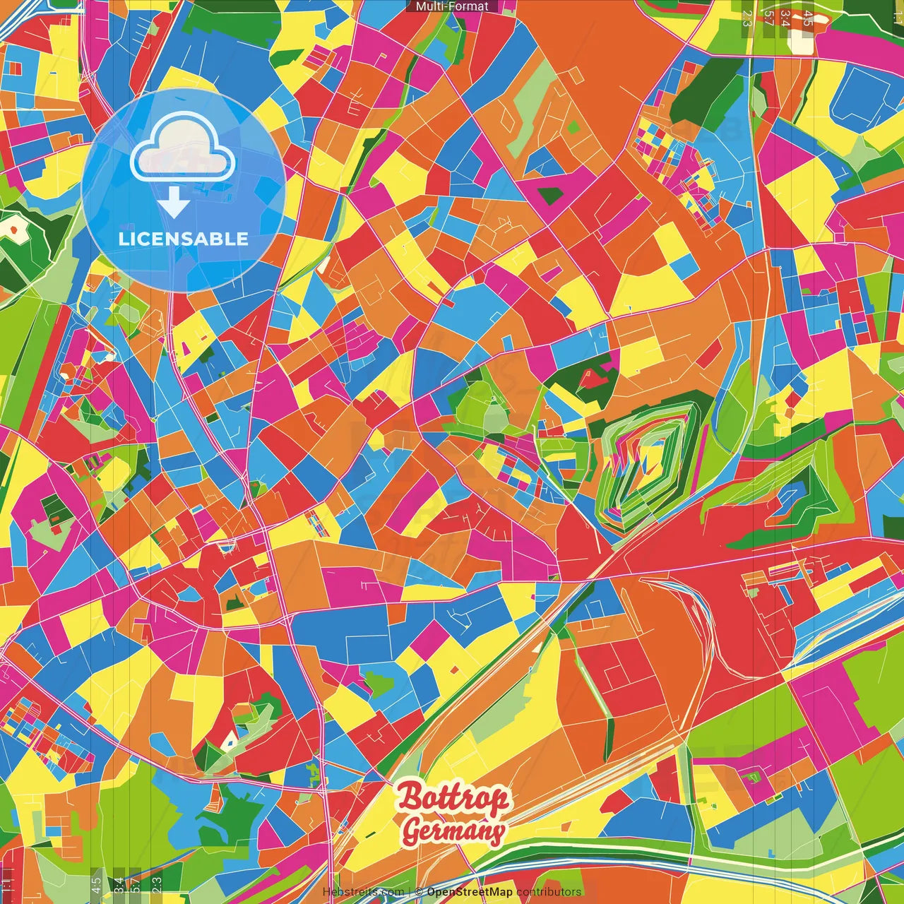 Bottrop, North Rhine-Westphalia, Germany Crazy Colorful Street Map Poster Template