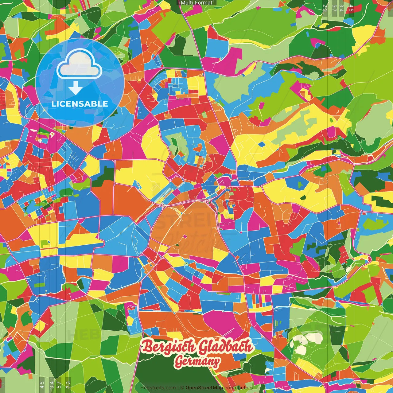 Bergisch Gladbach, North Rhine-Westphalia, Germany Crazy Colorful Street Map Poster Template