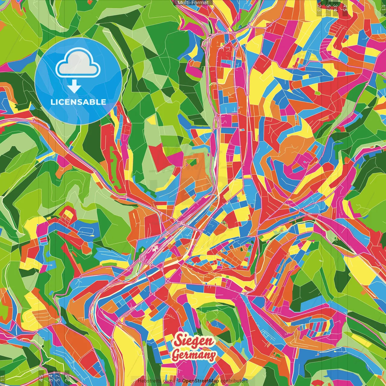 Siegen, North Rhine-Westphalia, Germany Crazy Colorful Street Map Poster Template