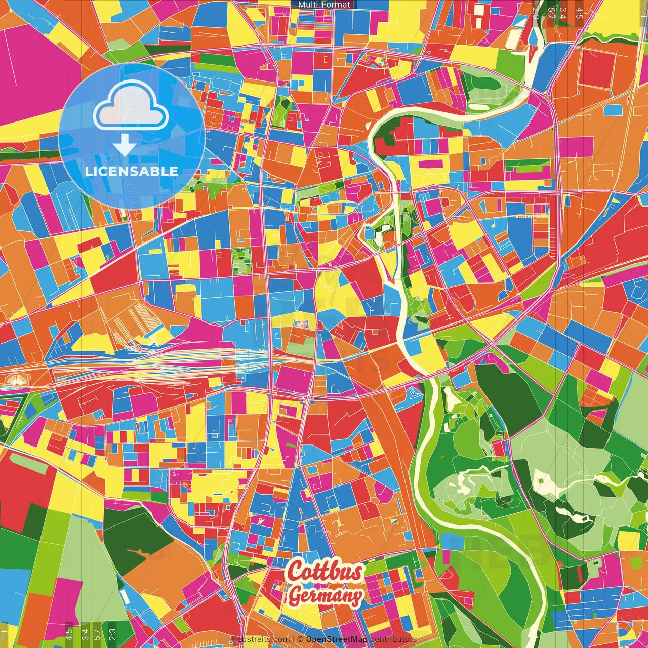 Cottbus, Brandenburg, Germany Crazy Colorful Street Map Poster Template