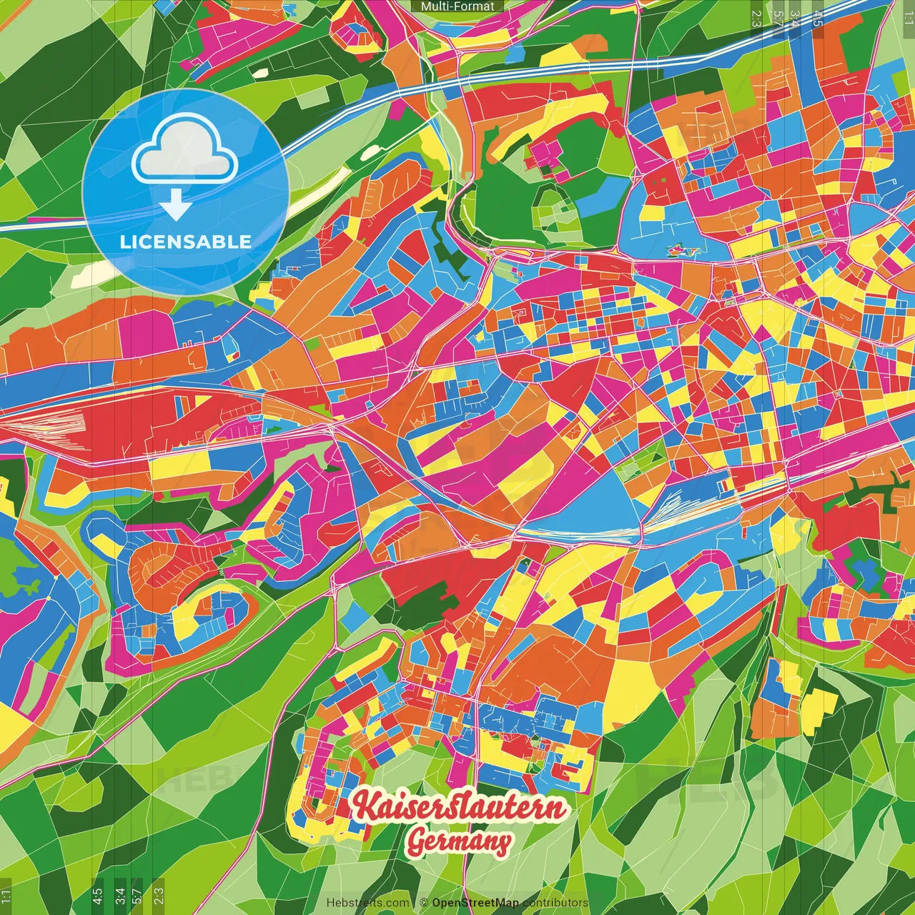 Kaiserslautern, Rheinland-Pfalz, Germany Crazy Colorful Street Map Poster Template