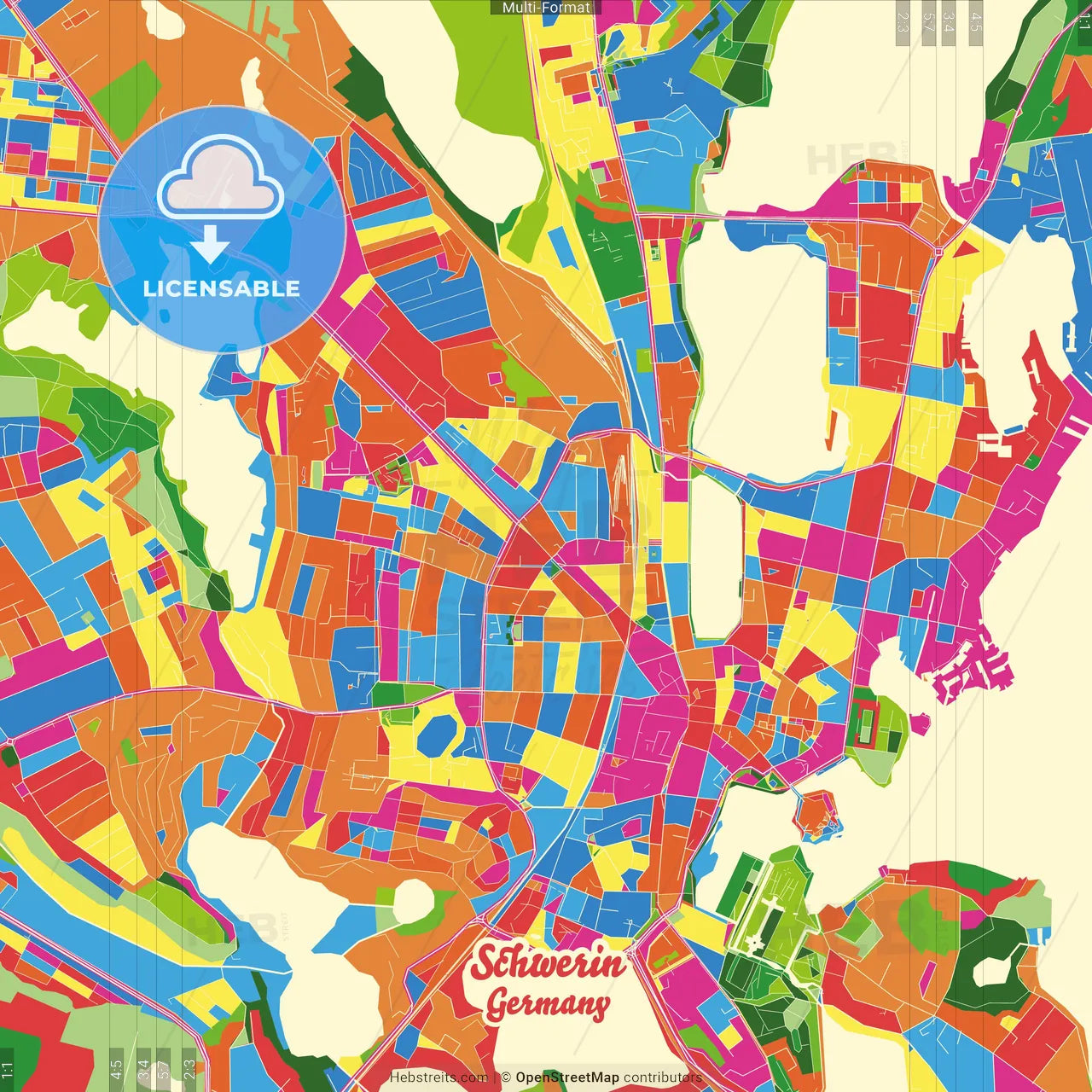 Schwerin, Mecklenburg-Western Pomerania, Germany Crazy Colorful Street Map Poster Template