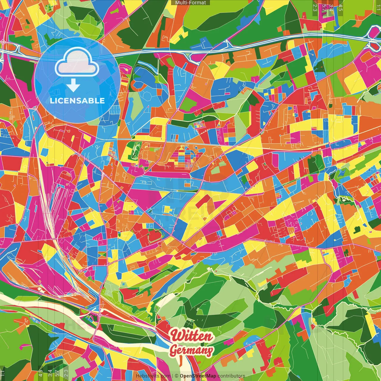 Witten, North Rhine-Westphalia, Germany Crazy Colorful Street Map Poster Template