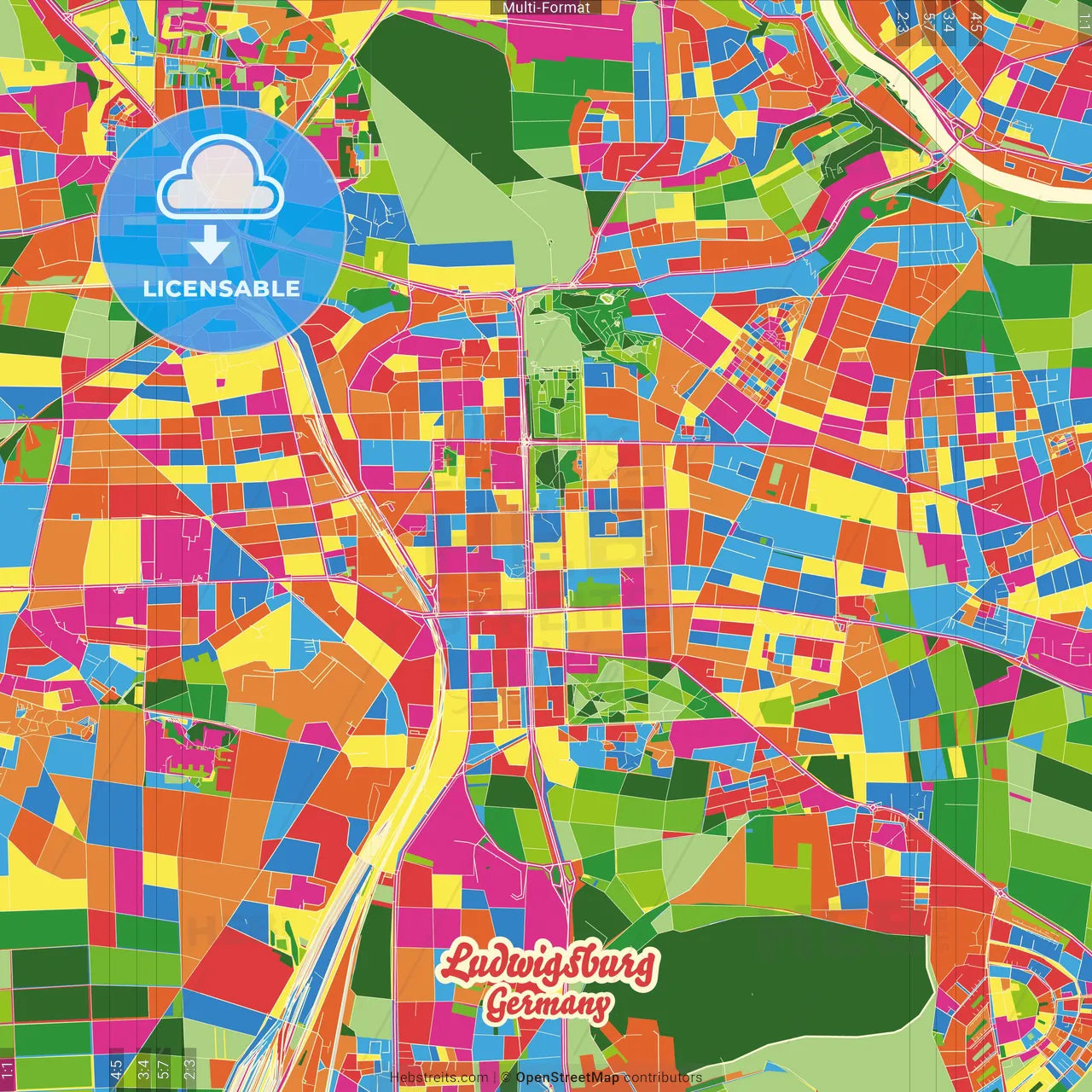 Ludwigsburg, Baden-Wuerttemberg, Germany Crazy Colorful Street Map Poster Template