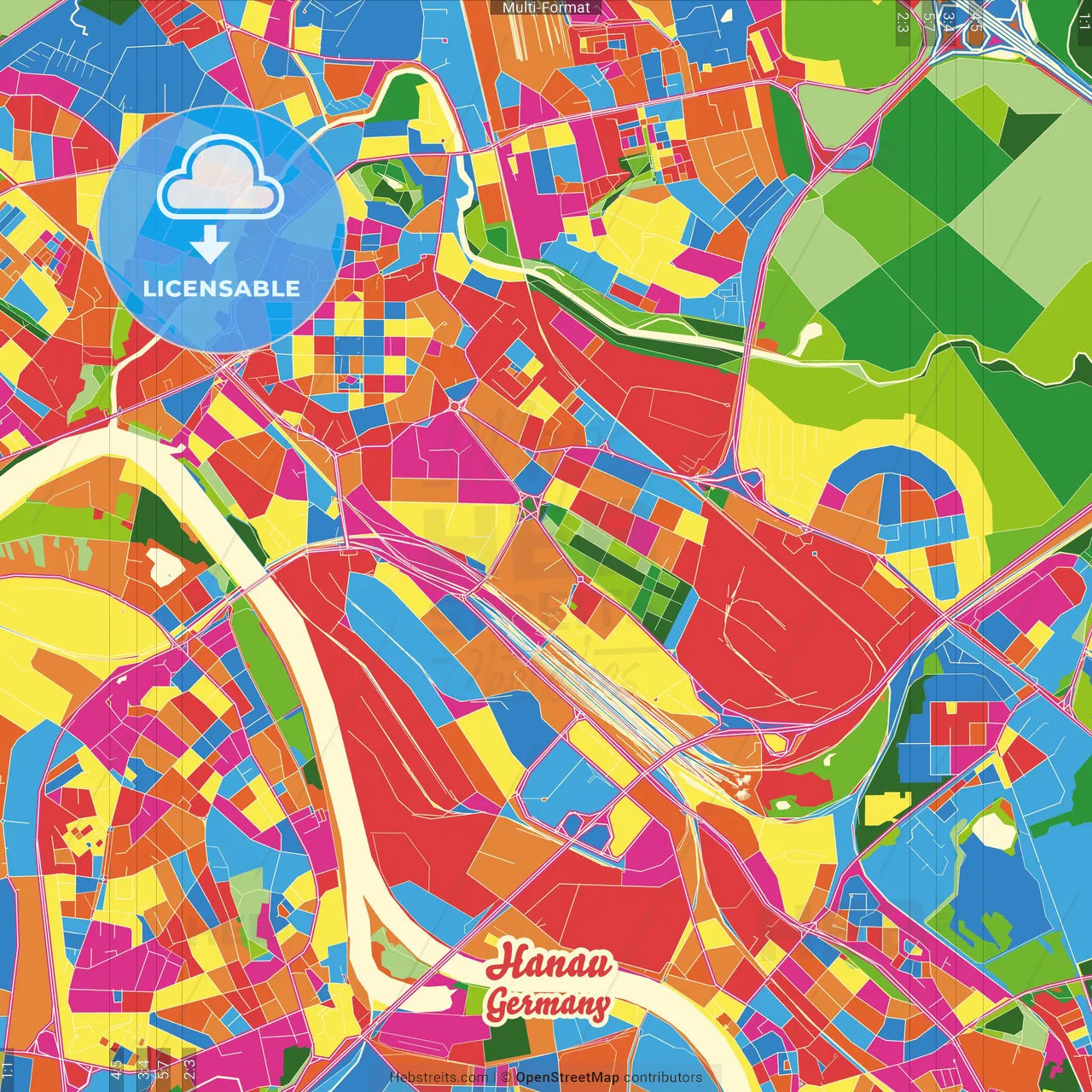 Hanau, Hesse, Germany Crazy Colorful Street Map Poster Template