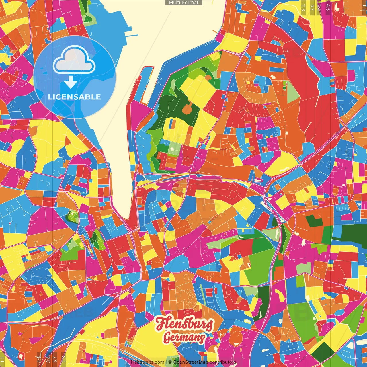 Flensburg, Schleswig-Holstein, Germany Crazy Colorful Street Map Poster Template
