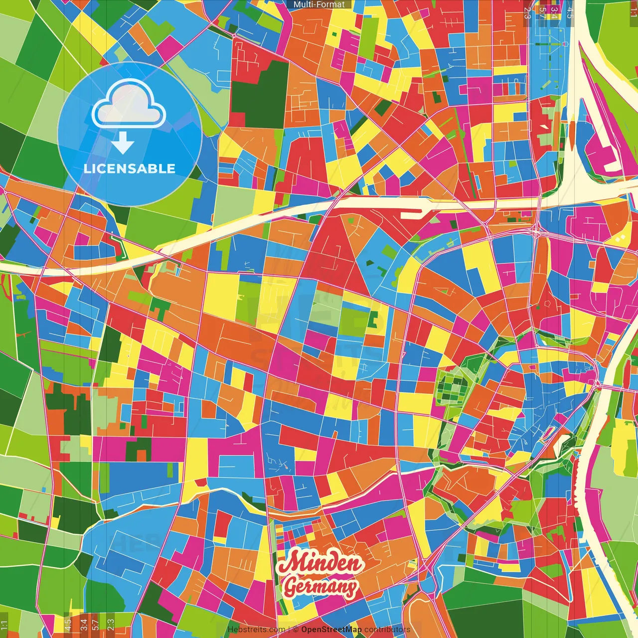 Minden, North Rhine-Westphalia, Germany Crazy Colorful Street Map Poster Template