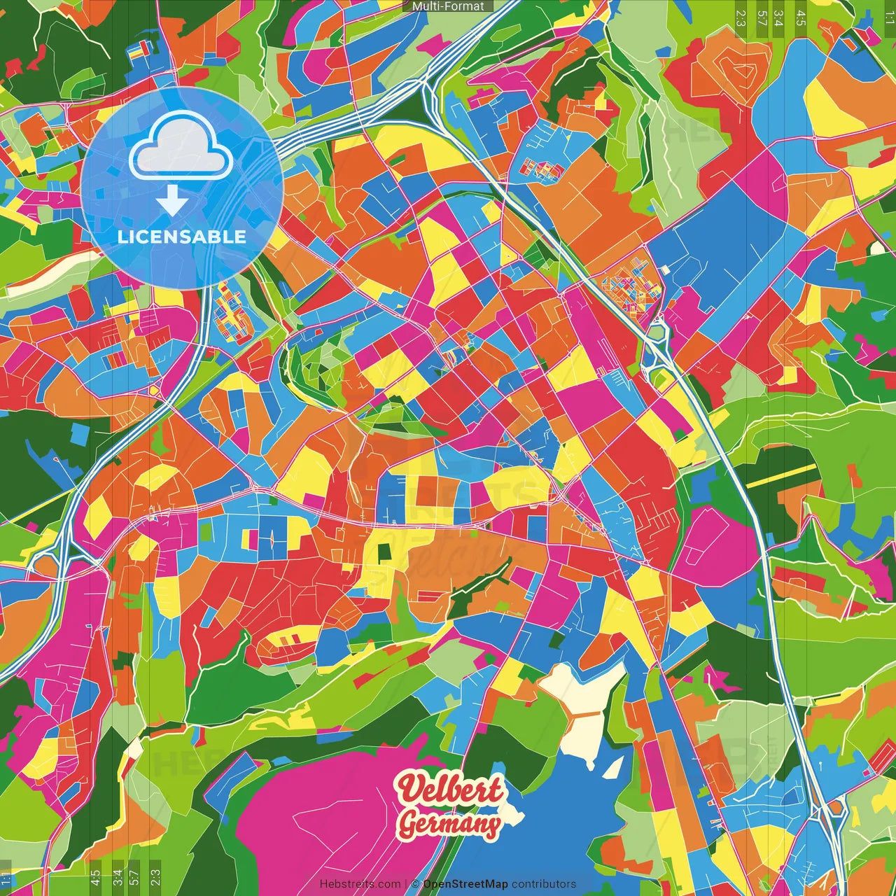 Velbert, North Rhine-Westphalia, Germany Crazy Colorful Street Map Poster Template