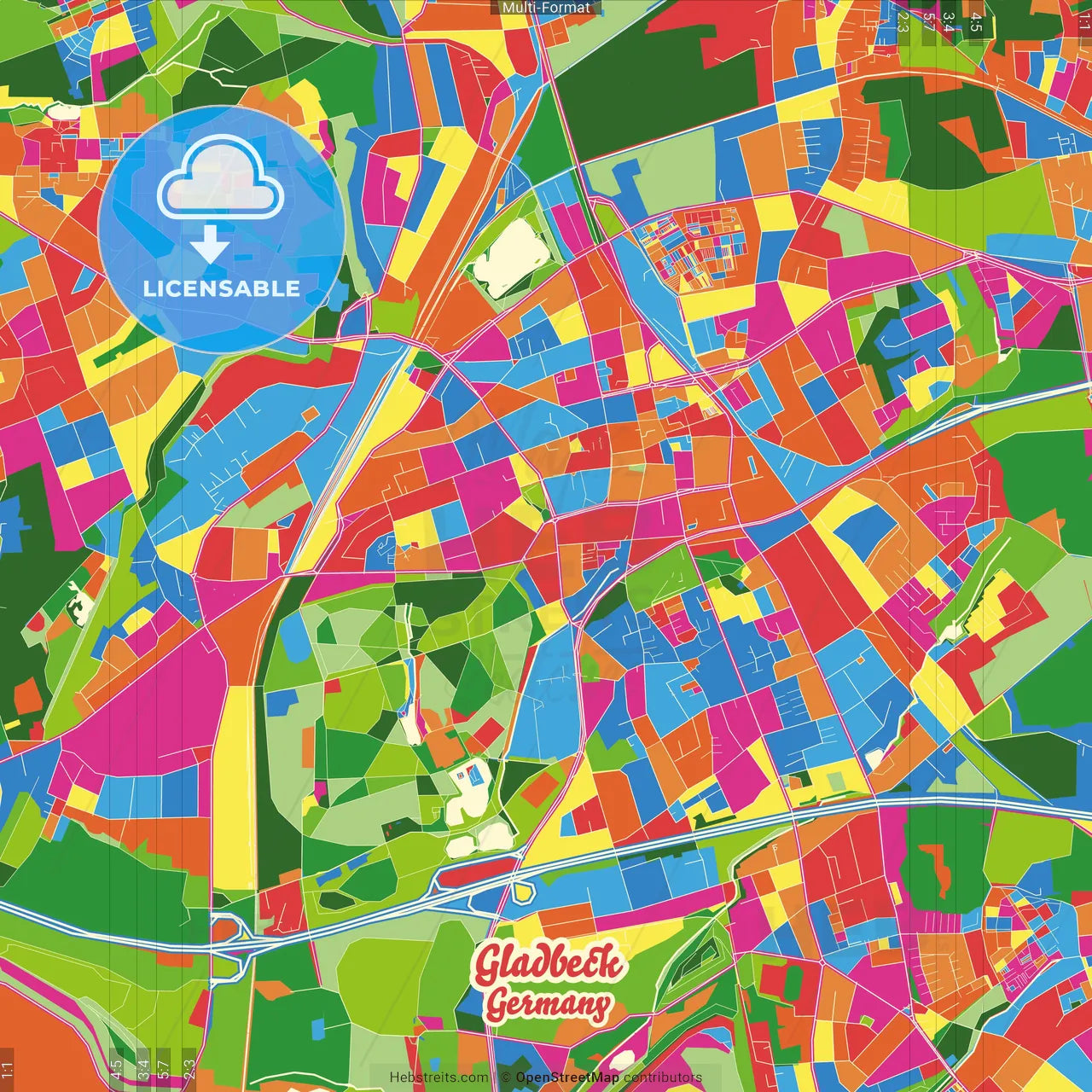 Gladbeck, North Rhine-Westphalia, Germany Crazy Colorful Street Map Poster Template