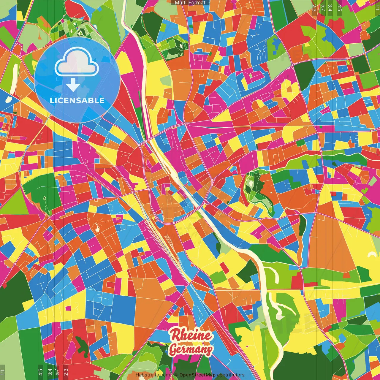 Rheine, North Rhine-Westphalia, Germany Crazy Colorful Street Map Poster Template