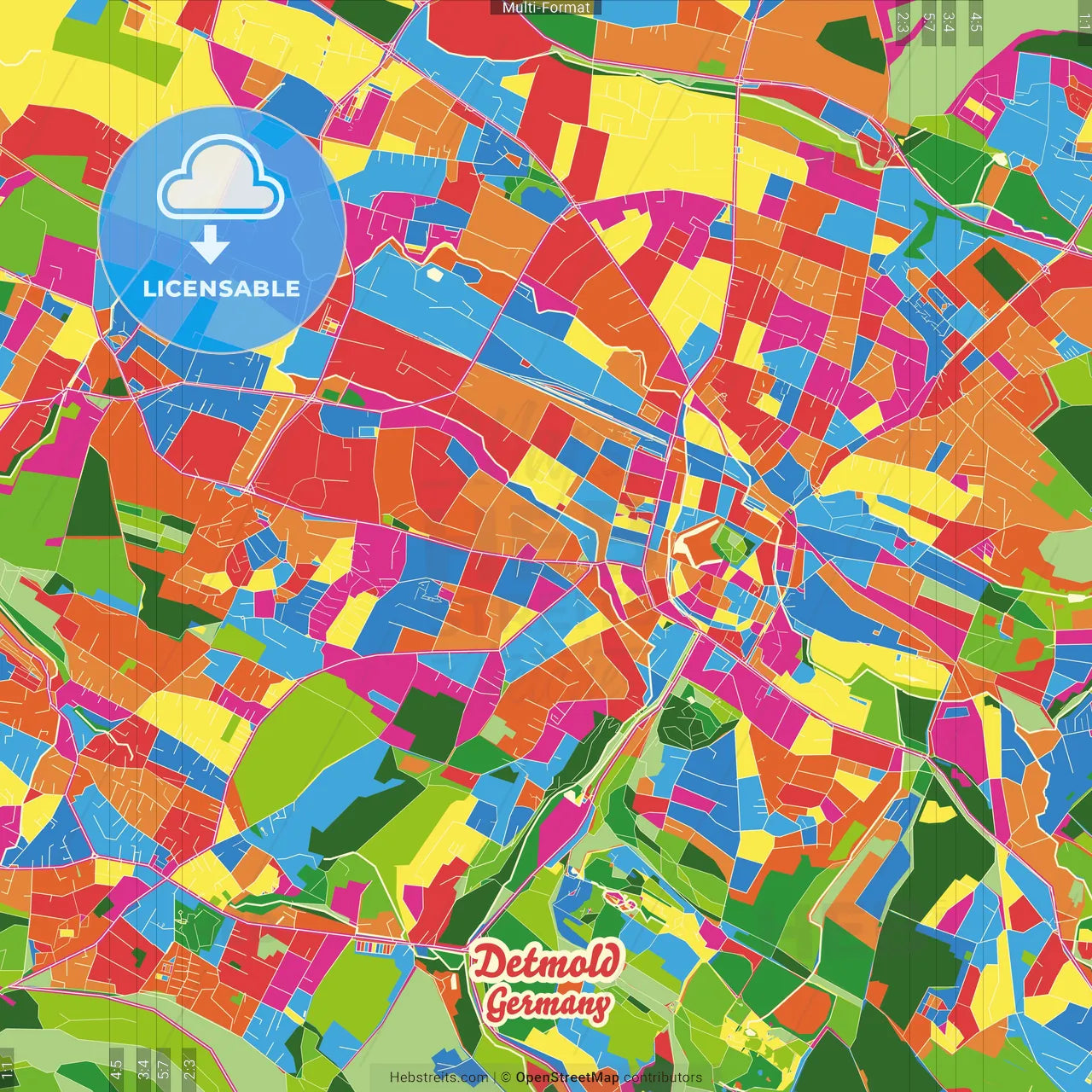 Detmold, North Rhine-Westphalia, Germany Crazy Colorful Street Map Poster Template