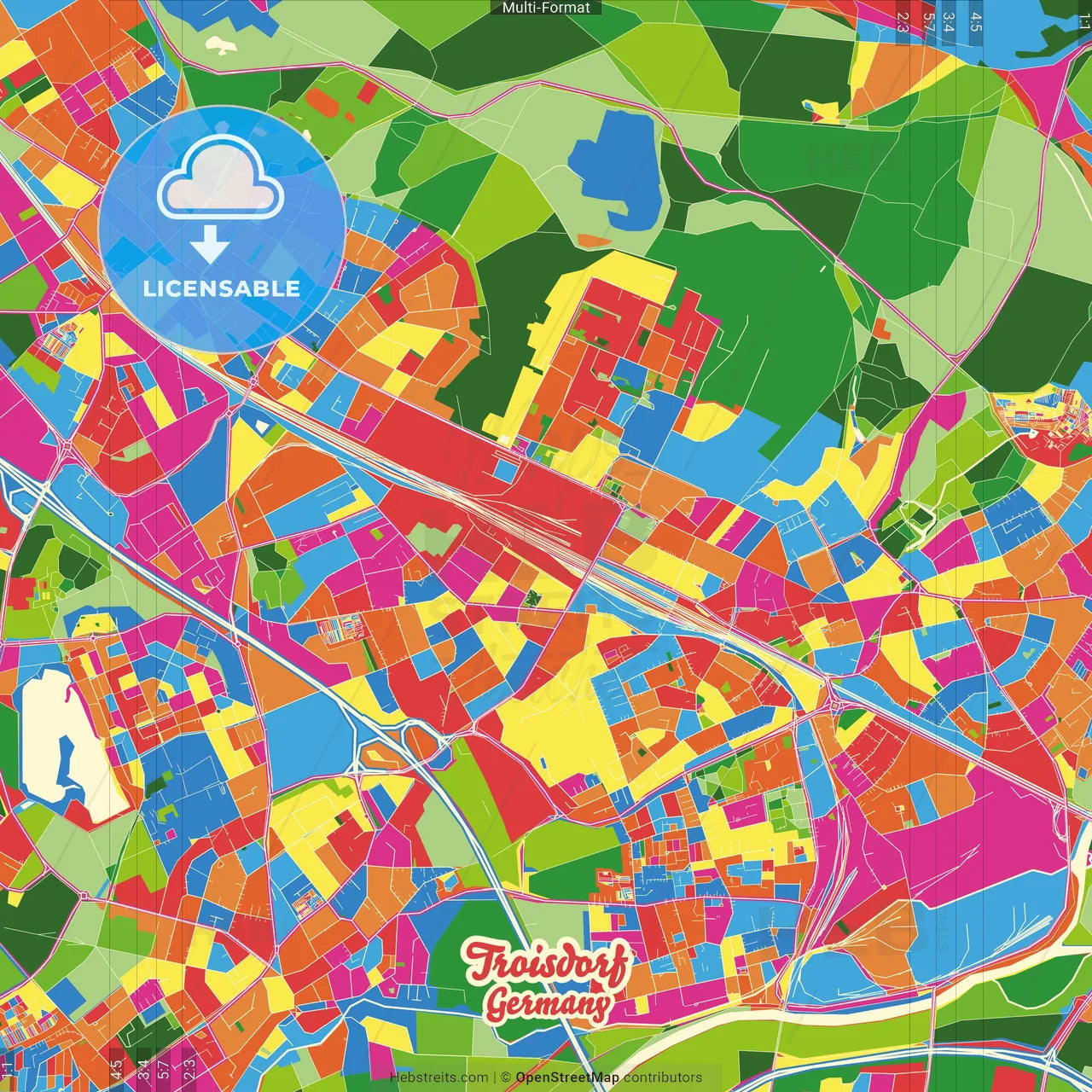Troisdorf, North Rhine-Westphalia, Germany Crazy Colorful Street Map Poster Template