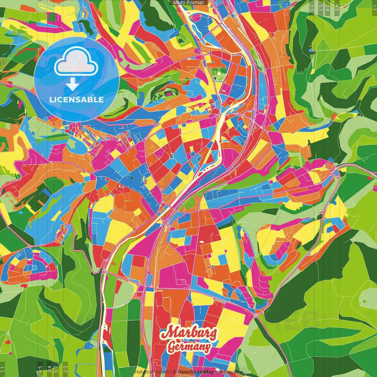 Marburg, Hesse, Germany Crazy Colorful Street Map Poster Template